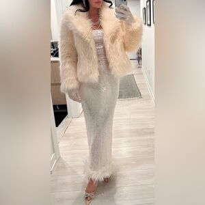 NYE sparkly strapless cream feather dress